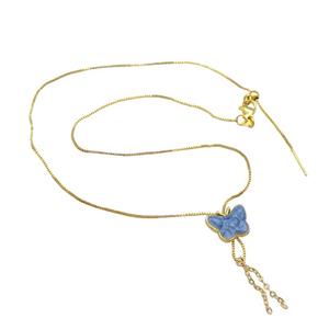 copper Necklace with butterfly blue enamel gold plated, approx 11-14mm, 1mm, 42cm length [FN30260]