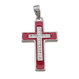 copper Cross pendant pave zircon red enamel platinum plated, approx 17-25mm [FN30263]