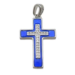 copper Cross pendant pave zircon blue enamel platinum plated, approx 17-25mm [FN30264]