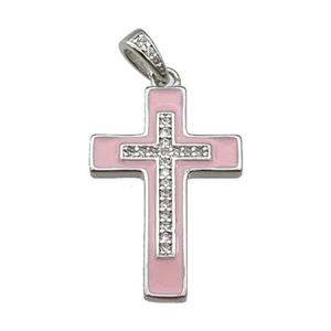 copper Cross pendant pave zircon pink enamel platinum plated, approx 17-25mm [FN30265]