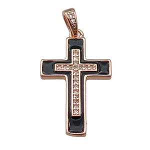 copper Cross pendant pave zircon black enamel rose gold, approx 17-25mm [FN30268]