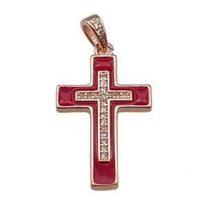 copper Cross pendant pave zircon red enamel rose gold, approx 17-25mm [FN30269]