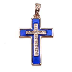 copper Cross pendant pave zircon blue enamel rose gold, approx 17-25mm [FN30270]