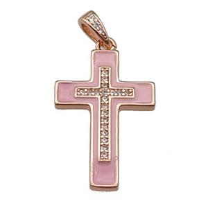 copper Cross pendant pave zircon pink enamel rose gold, approx 17-25mm [FN30271]