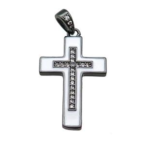 copper Cross pendant pave zircon white enamel black plated, approx 17-25mm [FN30273]