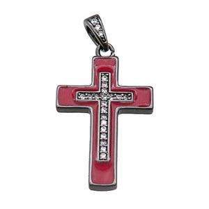copper Cross pendant pave zircon red enamel black plated, approx 17-25mm [FN30275]