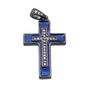 copper Cross pendant pave zircon blue enamel black plated, approx 17-25mm [FN30276]