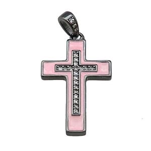 copper Cross pendant pave zircon pink enamel black plated, approx 17-25mm [FN30277]