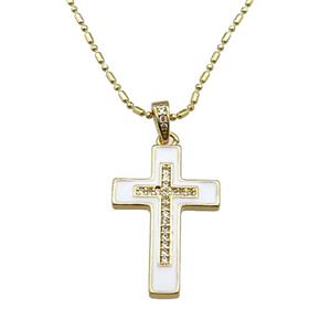 copper Necklace with cross white enamel, gold plated, approx 17-25mm, 1.2mm, 44-50cm length [FN30279]