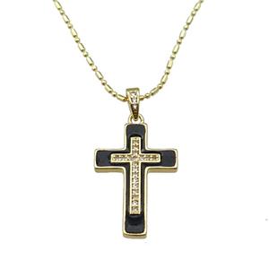 copper Necklace with cross black enamel, gold plated, approx 17-25mm, 1.2mm, 44-50cm length [FN30280]