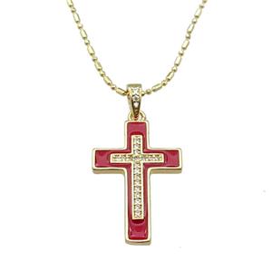 copper Necklace with cross red enamel, gold plated, approx 17-25mm, 1.2mm, 44-50cm length [FN30281]