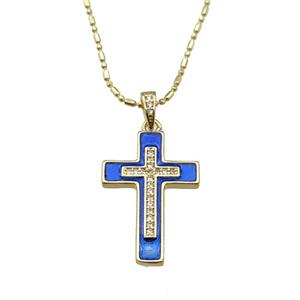 copper Necklace with cross blue enamel, gold plated, approx 17-25mm, 1.2mm, 44-50cm length [FN30282]