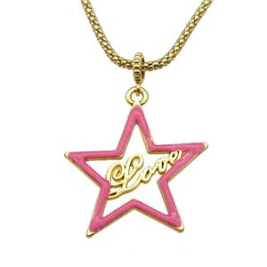 copper Necklace with star Love pink enamel gold plated, approx 34mm, 2.5mm, 45cm length [FN30285]