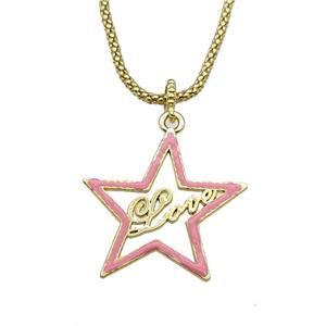 copper Necklace with star Love pink enamel gold plated, approx 34mm, 2.5mm, 45cm length [FN30287]