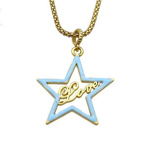 copper Necklace with star Love blue enamel gold plated, approx 34mm, 2.5mm, 45cm length [FN30288]