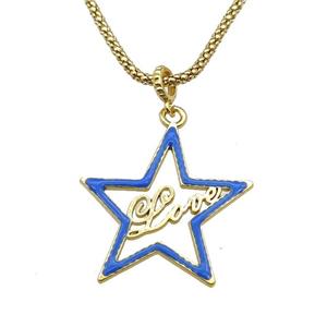 copper Necklace with star Love blue enamel gold plated, approx 34mm, 2.5mm, 45cm length [FN30289]