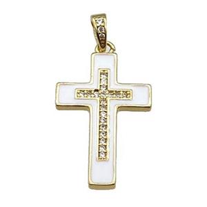 copper Cross pendant pave zircon white enamel gold plated, approx 17-25mm [FN30294]