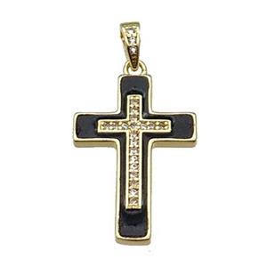 copper Cross pendant pave zircon black enamel gold plated, approx 17-25mm [FN30295]