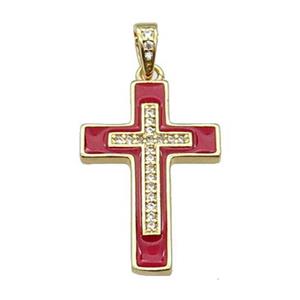 copper Cross pendant pave zircon red enamel gold plated, approx 17-25mm [FN30296]