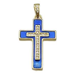 copper Cross pendant pave zircon blue enamel gold plated, approx 17-25mm [FN30297]