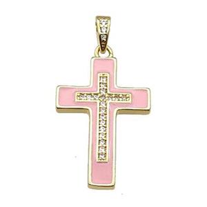 copper Cross pendant pave zircon pink enamel gold plated, approx 17-25mm [FN30298]