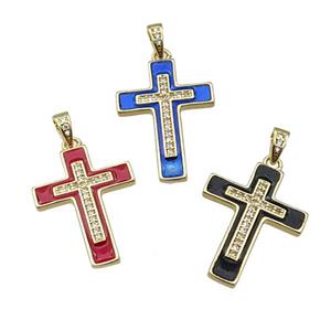 mix copper Cross pendant pave zircon enamel gold plated, approx 17-25mm [FN30299]