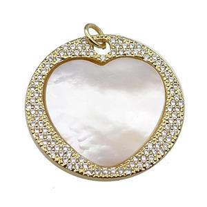 copper circle pendant pave zircon white heart shell gold plated, approx 27mm dia [FN30300]