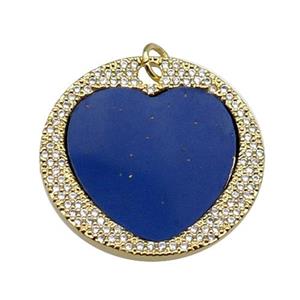 copper circle pendant pave zircon blue heart lapis gold plated, approx 27mm dia [FN30301]
