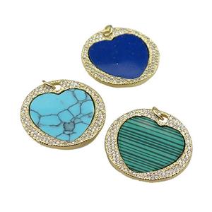 mix copper circle pendant pave zircon heart stone gold plated, approx 27mm dia [FN30302]