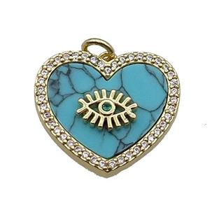 copper Heart pendant pave zircon blue turquoise eye gold plated, approx 20mm [FN30305]