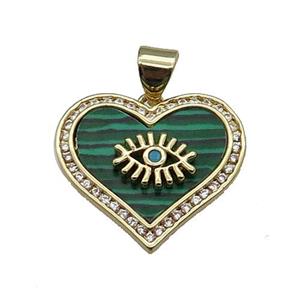 copper Heart pendant pave zircon green malachite eye gold plated, approx 20mm [FN30307]