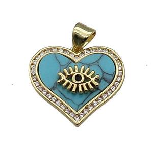 copper Heart pendant pave zircon blue turquoise eye gold plated, approx 20mm [FN30308]