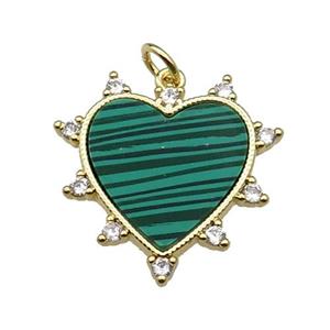 copper Heart pendant pave zircon green malachite gold plated, approx 23mm [FN30311]