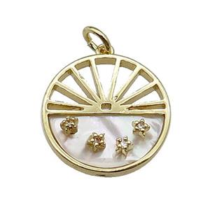 copper circle pendant pave zircon white shell sun gold plated, approx 18mm dia [FN30315]