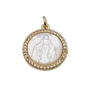 copper circle pendant pave zircon shell Jesus gold plated, approx 15mm dia [FN30320]