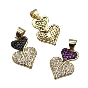 mix copper Heart pendant pave zircon gold plated, approx 9-12-18mm [FN30327]