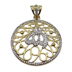 copper circle pendant pave zircon gold plated, approx 33mm, 4mm hole [FN30336]