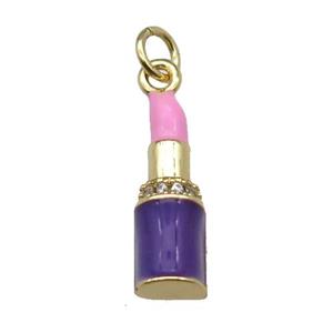 copper Lipstick charm pendant pave zircon pink enamel gold plated, approx 6-18mm [FN30344]