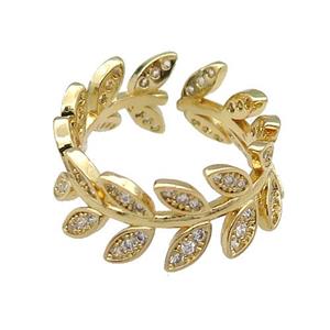 copper Ring pave zircon leaf gold plated, approx 8mm, 18mm dia [FN30348]