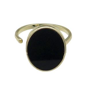 copper Ring pave oval black stone gold plated, approx 14-18mm, 18mm dia [FN30358]