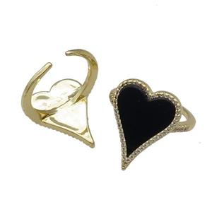 copper Ring pave heart black stone gold plated, approx 16-23mm, 18mm dia [FN30364]