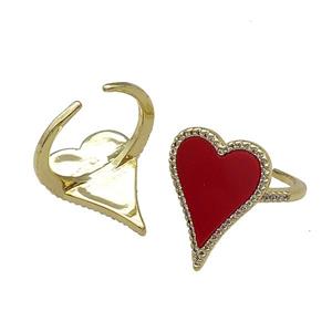 copper Ring pave heart red stone gold plated, approx 16-23mm, 18mm dia [FN30365]