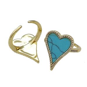copper Ring pave heart turquoise gold plated, approx 16-23mm, 18mm dia [FN30367]