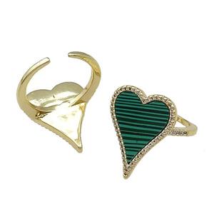 copper Ring pave heart malachite gold plated, approx 16-23mm, 18mm dia [FN30368]
