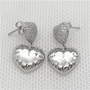 copper Stud Earring pave zircon heart platinum plated, approx 10mm, 15mm [FN30370]