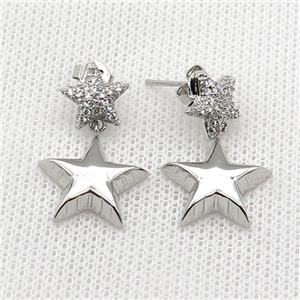 copper Stud Earring pave zircon star platinum plated, approx 10mm, 15mm [FN30372]