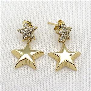 copper Stud Earring pave zircon star gold plated, approx 10mm, 15mm [FN30373]