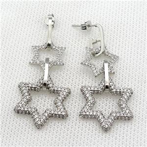 copper Stud Earring pave zircon star platinum plated, approx 16mm, 24mm, 6-14mm [FN30374]