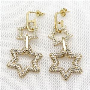 copper Stud Earring pave zircon star gold plated, approx 16mm, 24mm, 6-14mm [FN30375]