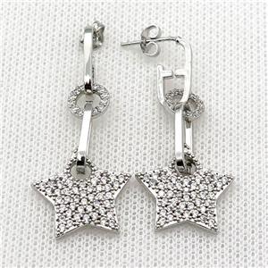 copper Stud Earring pave zircon star platinum plated, approx 8mm, 18mm, 6-14mm [FN30376]